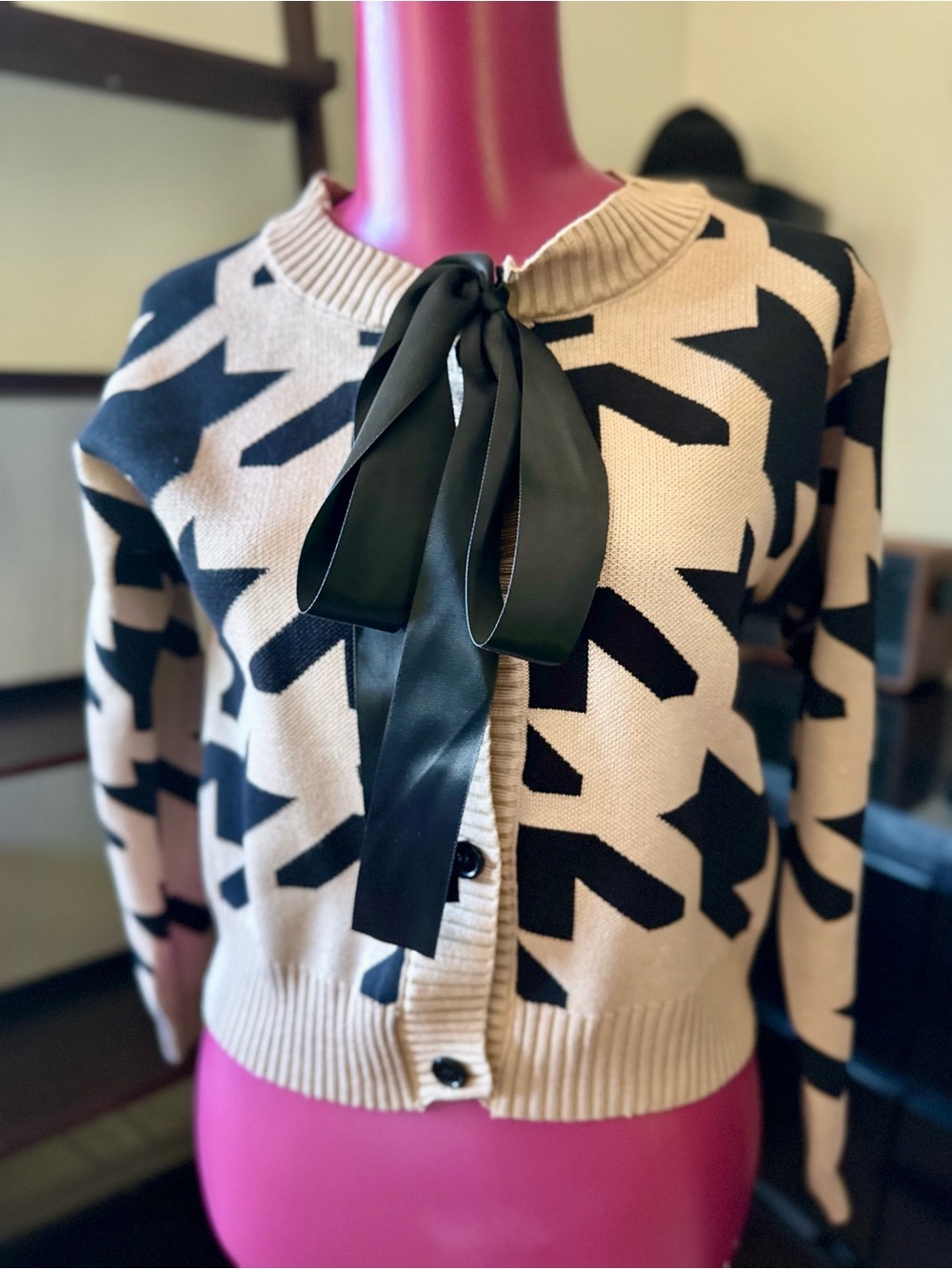 Beige and Black Bow-Front Women's Sweater Cardigan